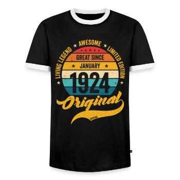 Retro 100 Years January 1924 Birthday Vintage - Men's Ringer Shirt - black/white - Front - AI Model Female 172 light (172cm) & AI Model Male 178 light (178cm)