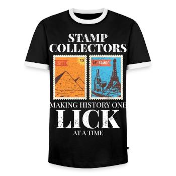 Stamp Collecting Collector Philatelist - Men's Ringer Shirt - black/white - Front - AI Model Female 172 light (172cm) & AI Model Male 178 light (178cm)