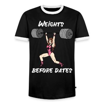 Weights Before Dates Weightlifting Gym Strong Woman - Men's Ringer Shirt - black/white - Front - AI Model Female 172 light (172cm) & AI Model Male 178 light (178cm)