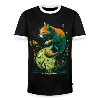 Fantasy Cat Playing with Gold Fish - Men's Ringer Shirt - black/white - Front - AI Model Female 172 light (172cm) & AI Model Male 178 light (178cm)