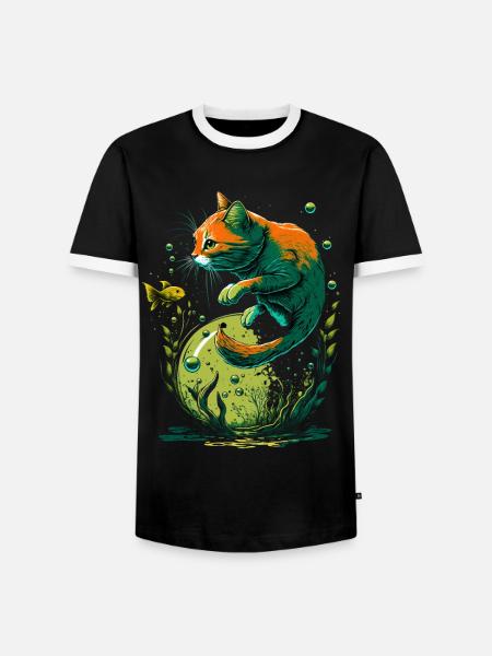 Fantasy Katze spielt mit Goldfischen - Männer Kontrast-T-Shirt - Schwarz/Weiß