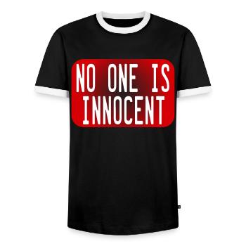 Sagen Sie der Welt, dass "Niemand unschuldig ist" von - Männer Kontrast-T-Shirt - Schwarz/Weiß - Vorne - AI Model Female 172 light (172cm) & AI Model Male 178 light (178cm)