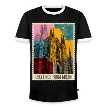 Milan Italy City Skyline Stamp Colorful - Men's Ringer Shirt - black/white - Front - AI Model Female 172 light (172cm) & AI Model Male 178 light (178cm)