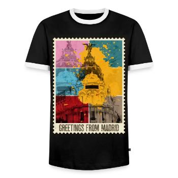 Madrid Spain City Skyline Stamp Colorful - Men's Ringer Shirt - black/white - Front - AI Model Female 172 light (172cm) & AI Model Male 178 light (178cm)