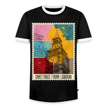 London England UK City Skyline Stamp Colorful - Men's Ringer Shirt - black/white - Front - AI Model Female 172 light (172cm) & AI Model Male 178 light (178cm)
