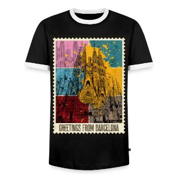 Barcelona Spain City Skyline Stamp Colorful - Men's Ringer Shirt - black/white - Front - AI Model Female 172 light (172cm) & AI Model Male 178 light (178cm)