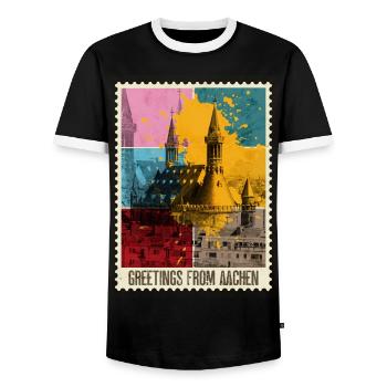 Aachen Germany City Skyline Stamp Colorful - Men's Ringer Shirt - black/white - Front - AI Model Female 172 light (172cm) & AI Model Male 178 light (178cm)
