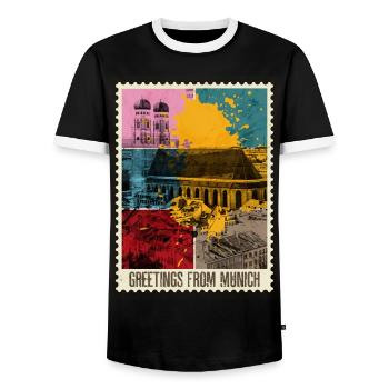 Munich Germany City Skyline Stamp - Men's Ringer Shirt - black/white - Front - AI Model Female 172 light (172cm) & AI Model Male 178 light (178cm)