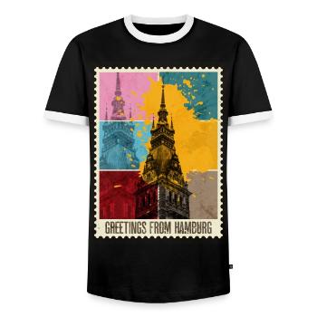 Hamburg Germany City Skyline Stamp - Men's Ringer Shirt - black/white - Front - AI Model Female 172 light (172cm) & AI Model Male 178 light (178cm)