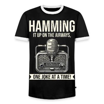 Amateur Vintage Radio Ham Operator Microphone - Men's Ringer Shirt - black/white - Front - AI Model Female 172 light (172cm) & AI Model Male 178 light (178cm)