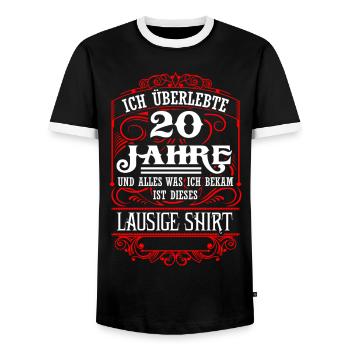 20. Geburtstag - Überlebt - Lausiges Shirt - DE - Männer Kontrast-T-Shirt - Schwarz/Weiß - Vorne - AI Model Female 172 light (172cm) & AI Model Male 178 light (178cm)