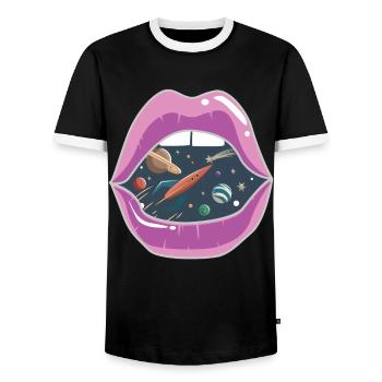 Pink lips / space - Men's Ringer Shirt - black/white - Front - AI Model Female 172 light (172cm) & AI Model Male 178 light (178cm)