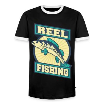 Pêche, poisson, truite, lac lac, bobine, appât, animal - T-shirt contrasté Homme - noir/blanc - Devant - AI Model Female 172 light (172cm) & AI Model Male 178 light (178cm)