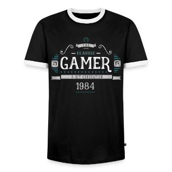 Classic Gamer Retro 8bit Generation 1984 Birthday - Men's Ringer Shirt - black/white - Front - AI Model Female 172 light (172cm) & AI Model Male 178 light (178cm)