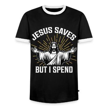 Jesus Saves But I Spend - Men's Ringer Shirt - black/white - Front - AI Model Female 172 light (172cm) & AI Model Male 178 light (178cm)