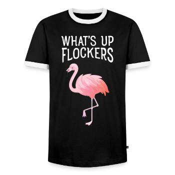 What's Up Flockers - Cool Flamingo Design - Männer Kontrast-T-Shirt - Schwarz/Weiß - Vorne - AI Model Female 172 light (172cm) & AI Model Male 178 light (178cm)