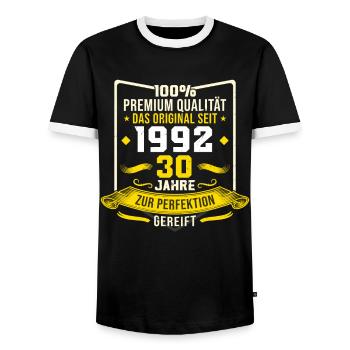 30th birthday Man Woman 30 years Year of birth 1992 - Men's Ringer Shirt - black/white - Front - AI Model Female 172 light (172cm) & AI Model Male 178 light (178cm)