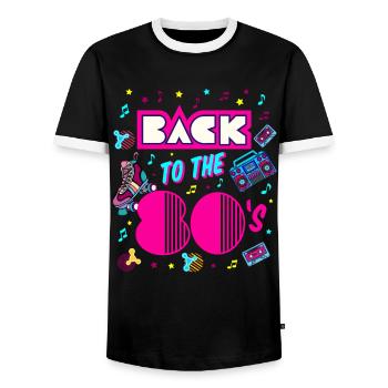 80er Party 80er Jahre Outfit 80s party 80s retro - Männer Kontrast-T-Shirt - Schwarz/Weiß - Vorne - AI Model Female 172 light (172cm) & AI Model Male 178 light (178cm)
