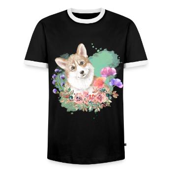 Welsh Corgi Cottagecore Wasserfarben Blumen - Männer Kontrast-T-Shirt - Schwarz/Weiß - Vorne - AI Model Female 172 light (172cm) & AI Model Male 178 light (178cm)