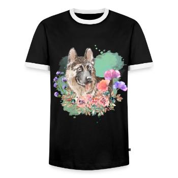 Schäferhund Cottagecore Wasserfarben Blumen - Männer Kontrast-T-Shirt - Schwarz/Weiß - Vorne - AI Model Female 172 light (172cm) & AI Model Male 178 light (178cm)