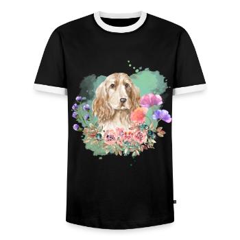 Cocker Spaniel Cottagecore Wasserfarben Blumen - Männer Kontrast-T-Shirt - Schwarz/Weiß - Vorne - AI Model Female 172 light (172cm) & AI Model Male 178 light (178cm)