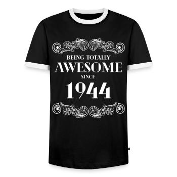 Funny Birthday Being Totally Awesome Since 1944 - Men's Ringer Shirt - black/white - Front - AI Model Female 172 light (172cm) & AI Model Male 178 light (178cm)