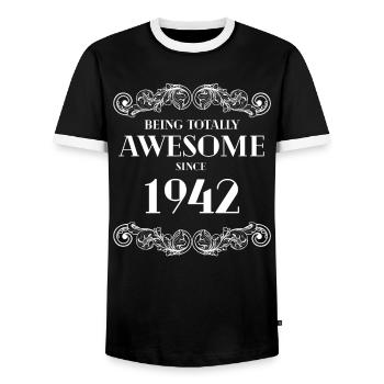 Funny Birthday Being Totally Awesome Since 1942 - Men's Ringer Shirt - black/white - Front - AI Model Female 172 light (172cm) & AI Model Male 178 light (178cm)
