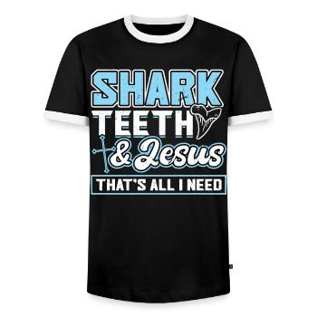 Shark Teeth and Jesus - Fossil Hunters - Men's Ringer Shirt - black/white - Front - AI Model Female 172 light (172cm) & AI Model Male 178 light (178cm)