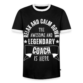 Relax the Legendary Trainer is retro - Men's Ringer Shirt - black/white - Front - AI Model Female 172 light (172cm) & AI Model Male 178 light (178cm)