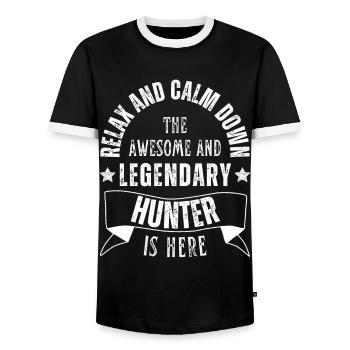 Relax the Legendary Hunter is retro here - Men's Ringer Shirt - black/white - Front - AI Model Female 172 light (172cm) & AI Model Male 178 light (178cm)