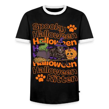 European Shorthair Cat Halloween Spooky cat - Men's Ringer Shirt - black/white - Front - AI Model Female 172 light (172cm) & AI Model Male 178 light (178cm)
