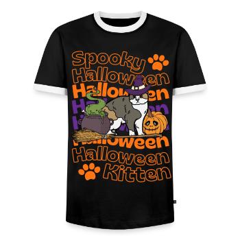 Scottish Folding Ear Cat Spooky Halloween Cat - Men's Ringer Shirt - black/white - Front - AI Model Female 172 light (172cm) & AI Model Male 178 light (178cm)