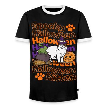 Scottish Folding Ear Cat Spooky Halloween Cat - Men's Ringer Shirt - black/white - Front - AI Model Female 172 light (172cm) & AI Model Male 178 light (178cm)