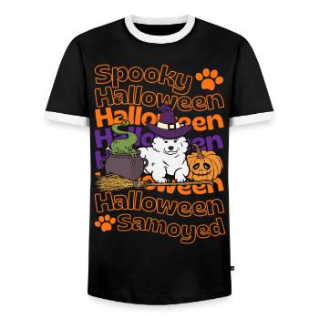 Samojede Halloween Hund Spooky Halloween Samoyed - Männer Kontrast-T-Shirt - Schwarz/Weiß - Vorne - AI Model Female 172 light (172cm) & AI Model Male 178 light (178cm)