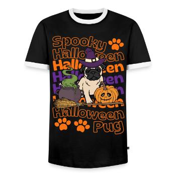 Pug Halloween dog. Spooky Halloween Pug - Men's Ringer Shirt - black/white - Front - AI Model Female 172 light (172cm) & AI Model Male 178 light (178cm)