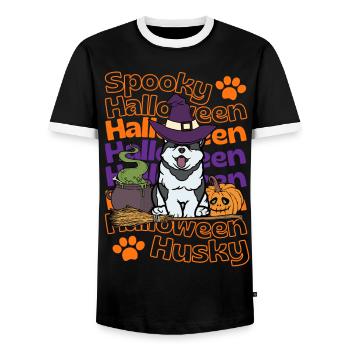 Husky Halloween Hund Spooky Halloween Husky - Männer Kontrast-T-Shirt - Schwarz/Weiß - Vorne - AI Model Female 172 light (172cm) & AI Model Male 178 light (178cm)