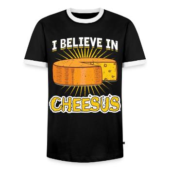 I believe in cheese - Gouda cheese - Men's Ringer Shirt - black/white - Front - AI Model Female 172 light (172cm) & AI Model Male 178 light (178cm)