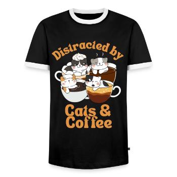 Kaffee Katze kawaii Kaffee und Katzen Liebhaber - Männer Kontrast-T-Shirt - Schwarz/Weiß - Vorne - AI Model Female 172 light (172cm) & AI Model Male 178 light (178cm)