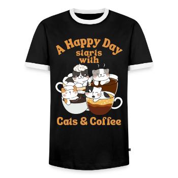 Kaffee Katze kawaii Kaffee und Katzen Liebhaber - Männer Kontrast-T-Shirt - Schwarz/Weiß - Vorne - AI Model Female 172 light (172cm) & AI Model Male 178 light (178cm)