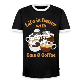 Kaffee Katze kawaii Kaffee und Katzen Liebhaber - Männer Kontrast-T-Shirt - Schwarz/Weiß - Vorne - AI Model Female 172 light (172cm) & AI Model Male 178 light (178cm)