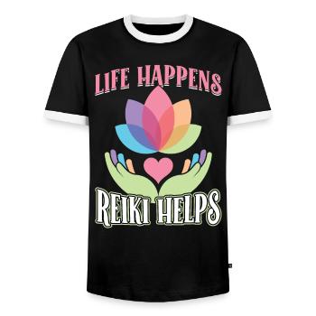 La vie passe – Le Reiki aide - T-shirt contrasté Homme - noir/blanc - Devant - AI Model Female 172 light (172cm) & AI Model Male 178 light (178cm)
