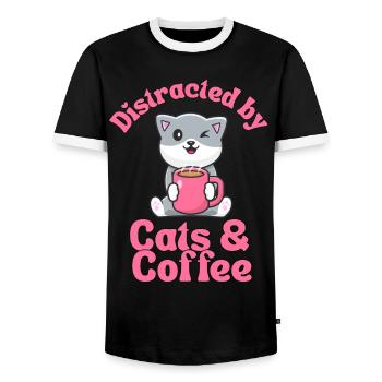 Kaffee Katze kawaii Kaffee und Katzen Liebhaber - Männer Kontrast-T-Shirt - Schwarz/Weiß - Vorne - AI Model Female 172 light (172cm) & AI Model Male 178 light (178cm)