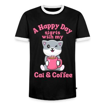 Kaffee Katze kawaii Kaffee und Katzen Liebhaber - Männer Kontrast-T-Shirt - Schwarz/Weiß - Vorne - AI Model Female 172 light (172cm) & AI Model Male 178 light (178cm)