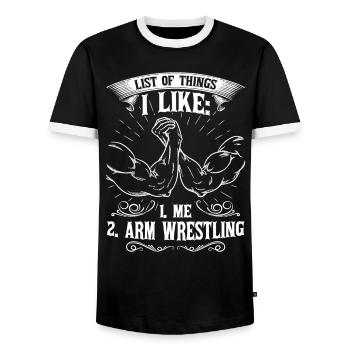 I Like Me And Arm Wrestling - Men's Ringer Shirt - black/white - Front - AI Model Female 172 light (172cm) & AI Model Male 178 light (178cm)