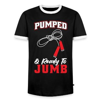 Pumped And Ready To Jumb - Jump Rope - Men's Ringer Shirt - black/white - Front - AI Model Female 172 light (172cm) & AI Model Male 178 light (178cm)