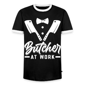 Butcher At Work - Men's Ringer Shirt - black/white - Front - AI Model Female 172 light (172cm) & AI Model Male 178 light (178cm)