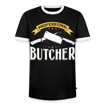 Boucher professionnel - Découpeur de viande - T-shirt contrasté Homme - noir/blanc - Devant - AI Model Female 172 light (172cm) & AI Model Male 178 light (178cm)