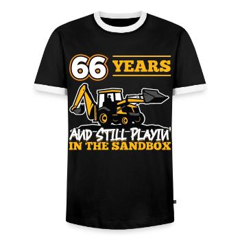 66 Jahre - 66 Jahre Alt - 66. Geburtstag - Bagger - Männer Kontrast-T-Shirt - Schwarz/Weiß - Vorne - AI Model Female 172 light (172cm) & AI Model Male 178 light (178cm)