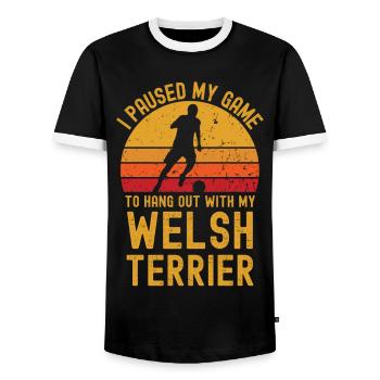 Football and Welsh Terriers - Men's Ringer Shirt - black/white - Front - AI Model Female 172 light (172cm) & AI Model Male 178 light (178cm)