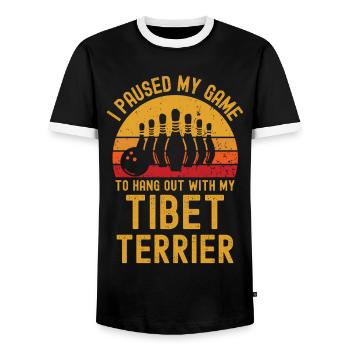 Bowling und Tibet-Terrier - Männer Kontrast-T-Shirt - Schwarz/Weiß - Vorne - AI Model Female 172 light (172cm) & AI Model Male 178 light (178cm)